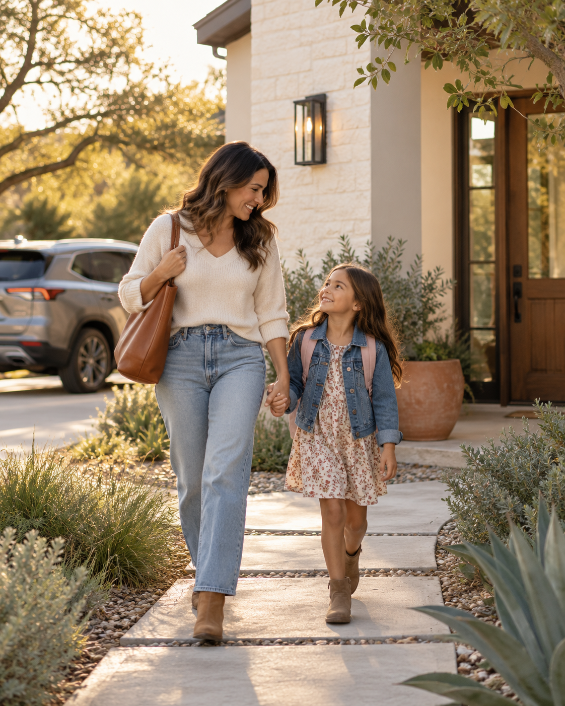 Parent and child arriving home together in warm afternoon light
