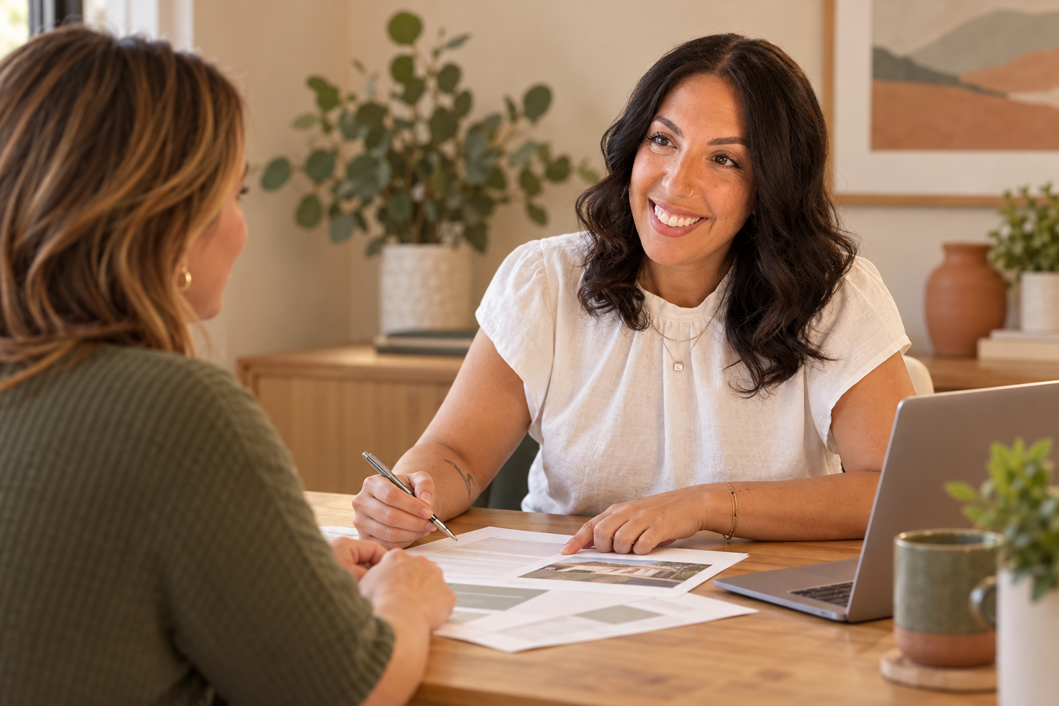 AI-generated illustration of Jenna reviewing coverage options with a client