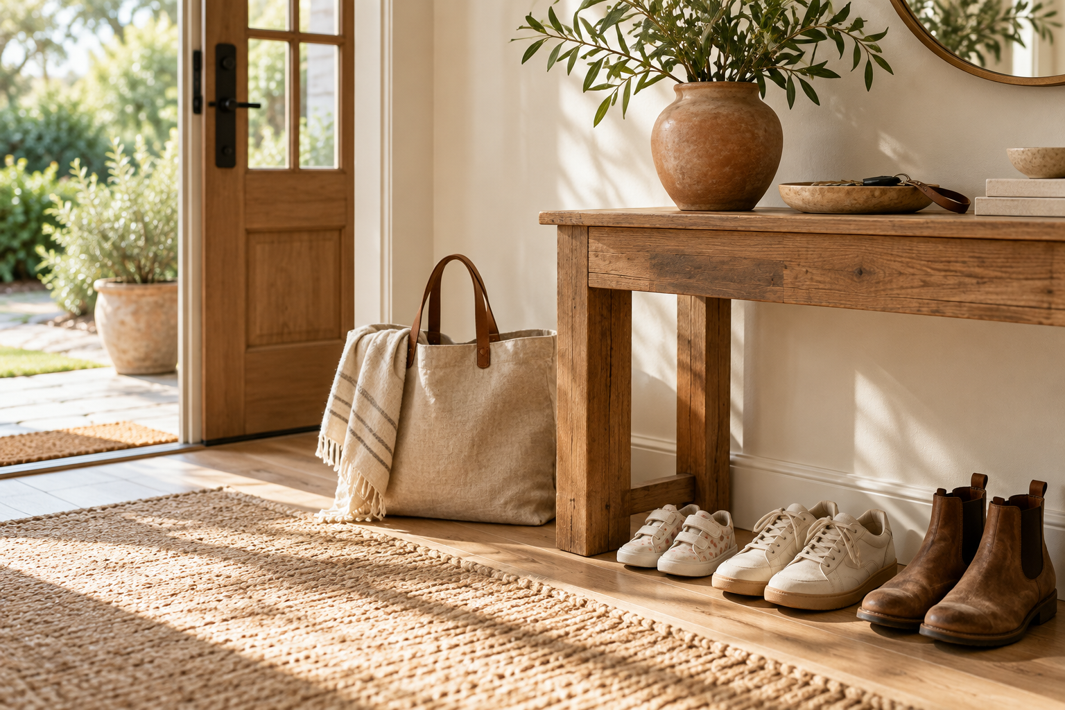 Sunlit family entryway with shoes, keys, and natural textures